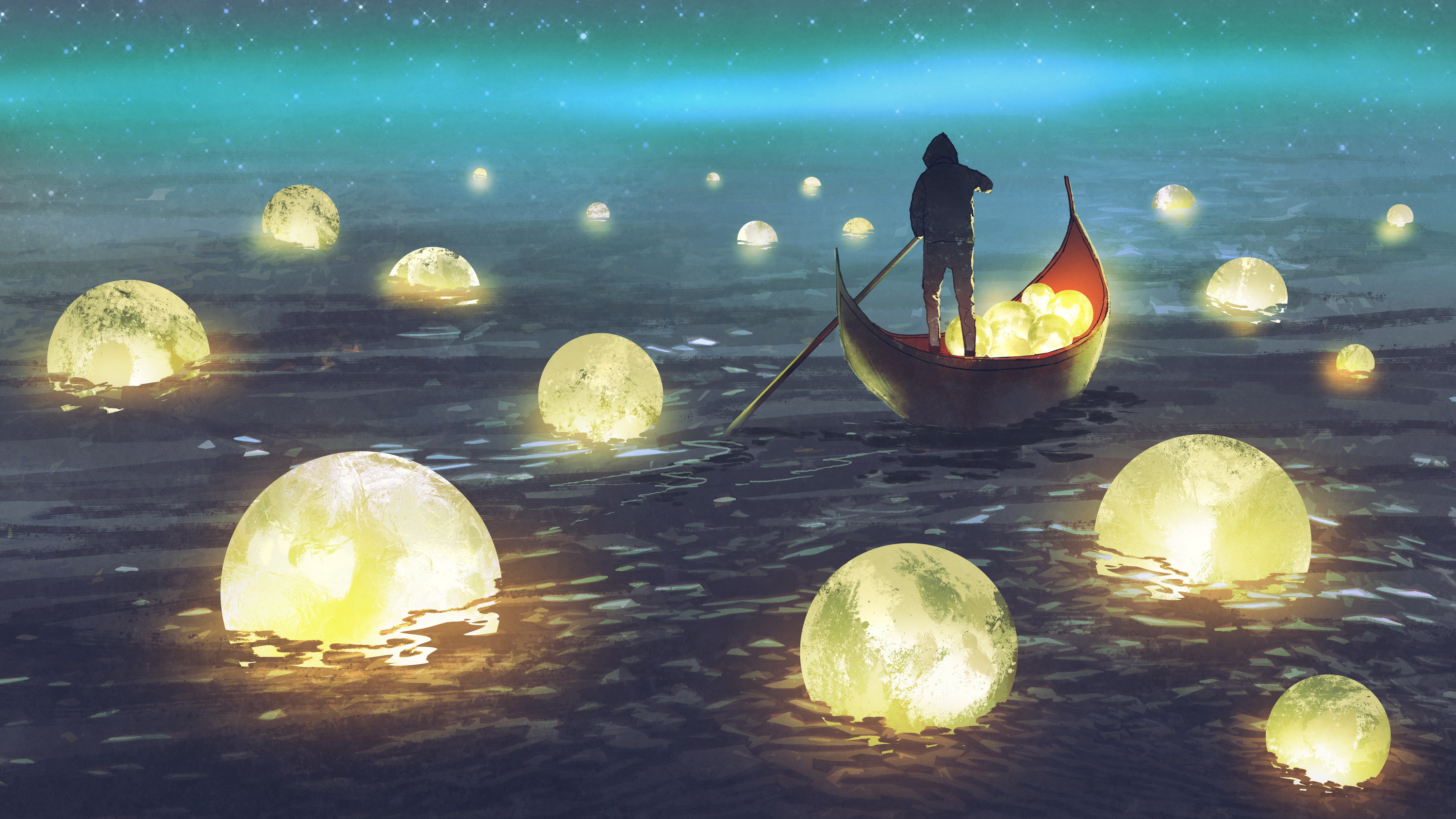 illustration of person in rowboat scooping up glowing moons