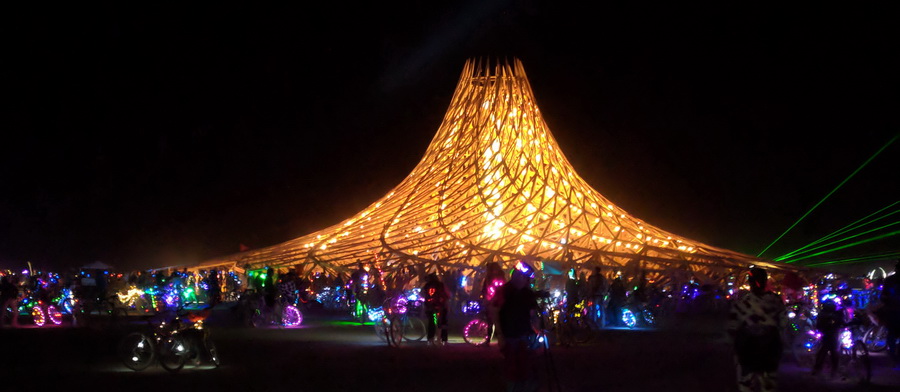 burning man temple at night 2018