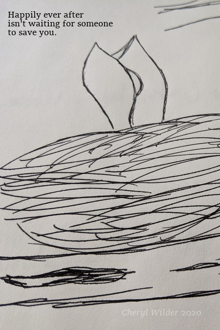 ink drawing of baby bird looking up for food from a nest